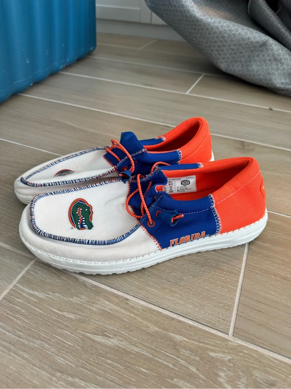 Hey Dude White & Blue Boat Shoes with Orange Accents